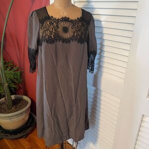 LIL | grey with black lace silk shift dress 8